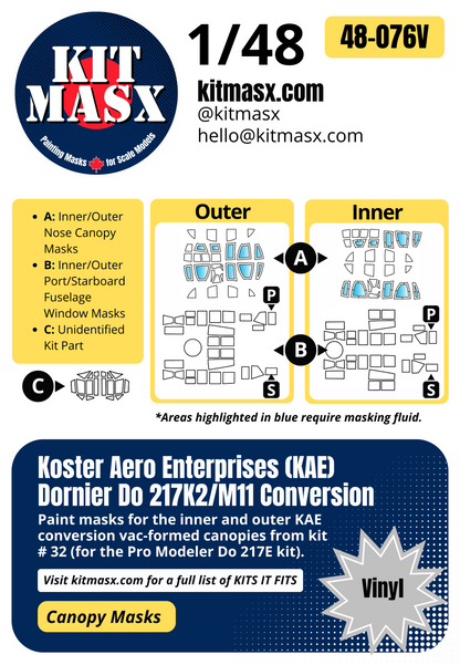 Koster Aero Enterprises Dornier Do 217K-2 and M-11 Conversion 1/48 Canopy Paint Masks, Kit # 32