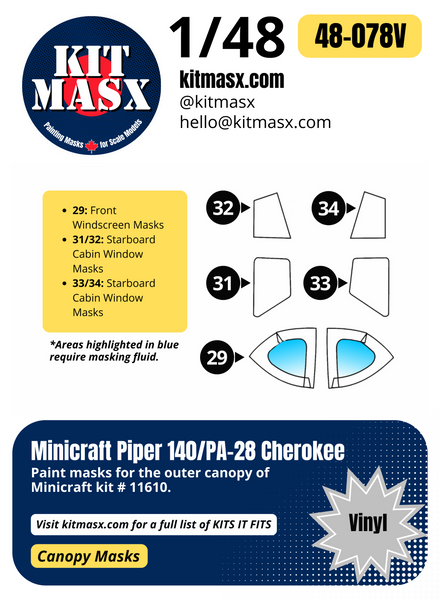 Minicraft Piper 140/PA-28 Cherokee 1/48 Canopy Paint Masks, Kit # 11610