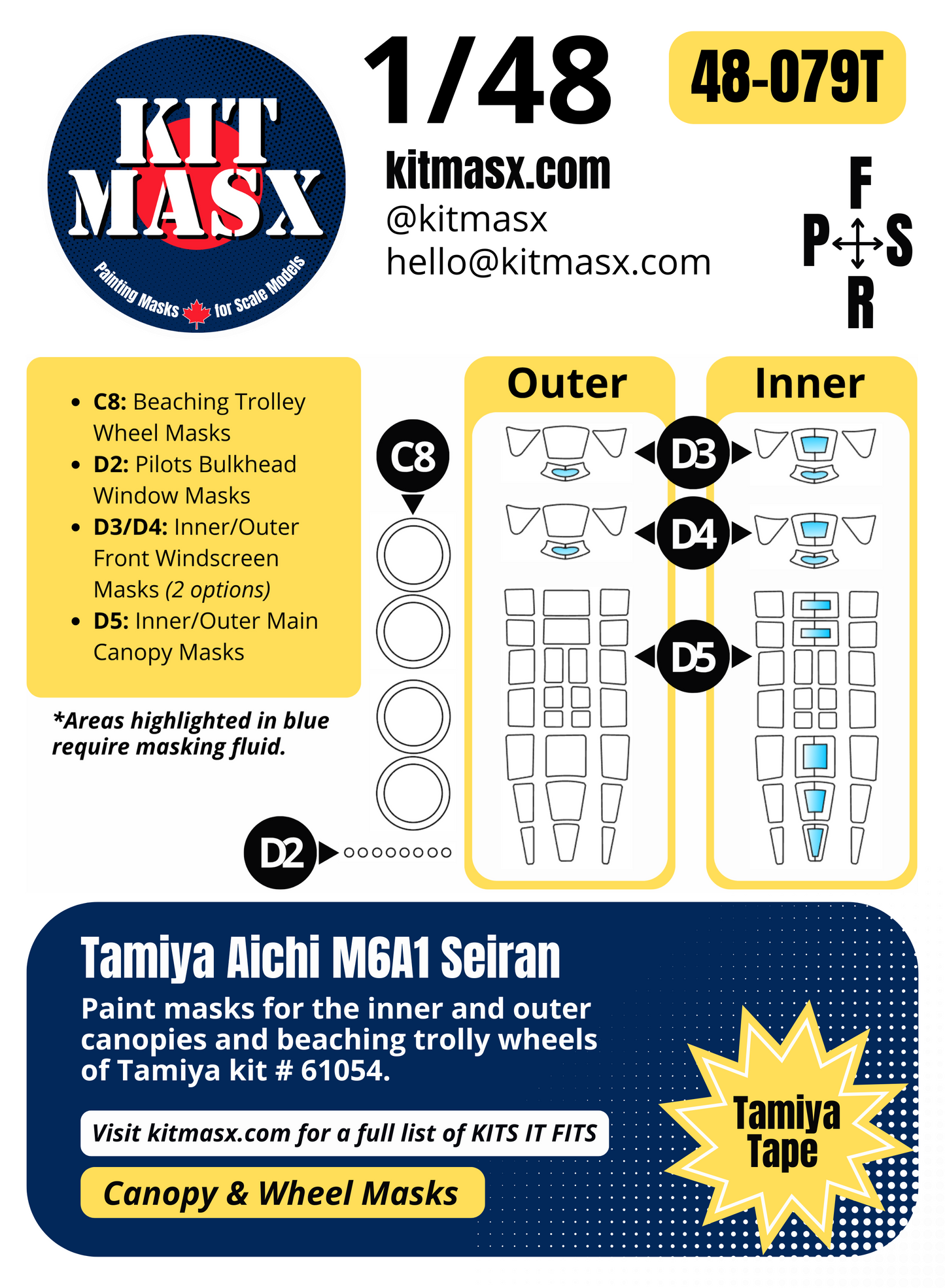 Tamiya Aichi M6A1 Seiran 1/48 Canopy & Wheel Paint Masks, Kit # 61054