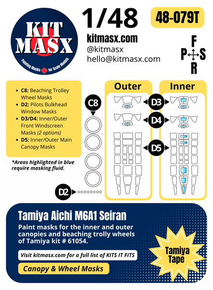 Tamiya Aichi M6A1 Seiran 1/48 Canopy & Wheel Paint Masks, Kit # 61054
