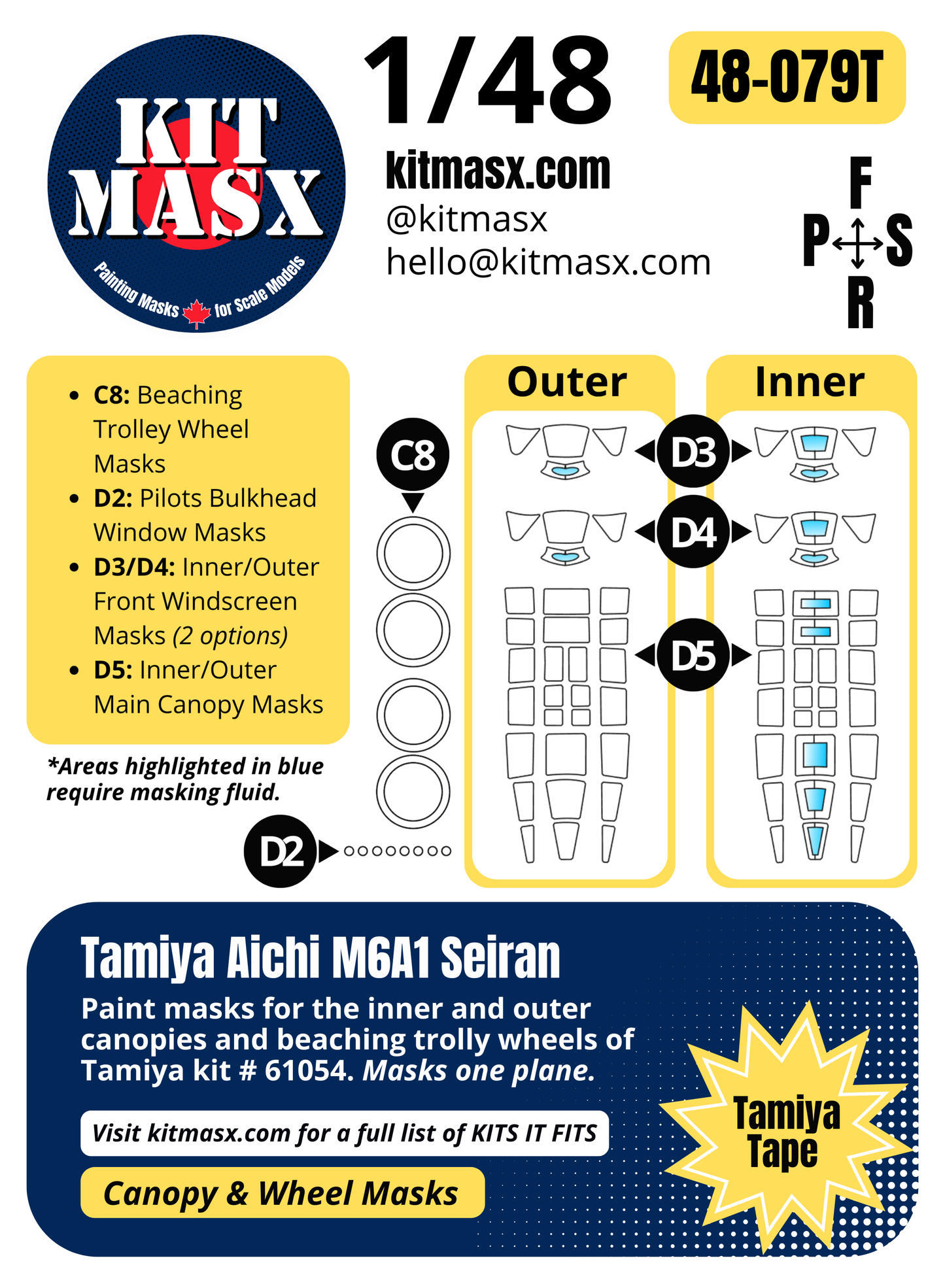 Tamiya Aichi M6A1 Seiran 1/48 Canopy & Wheel Paint Masks, Kit # 61054