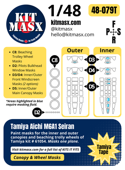 Tamiya Aichi M6A1 Seiran 1/48 Canopy & Wheel Paint Masks, Kit # 61054