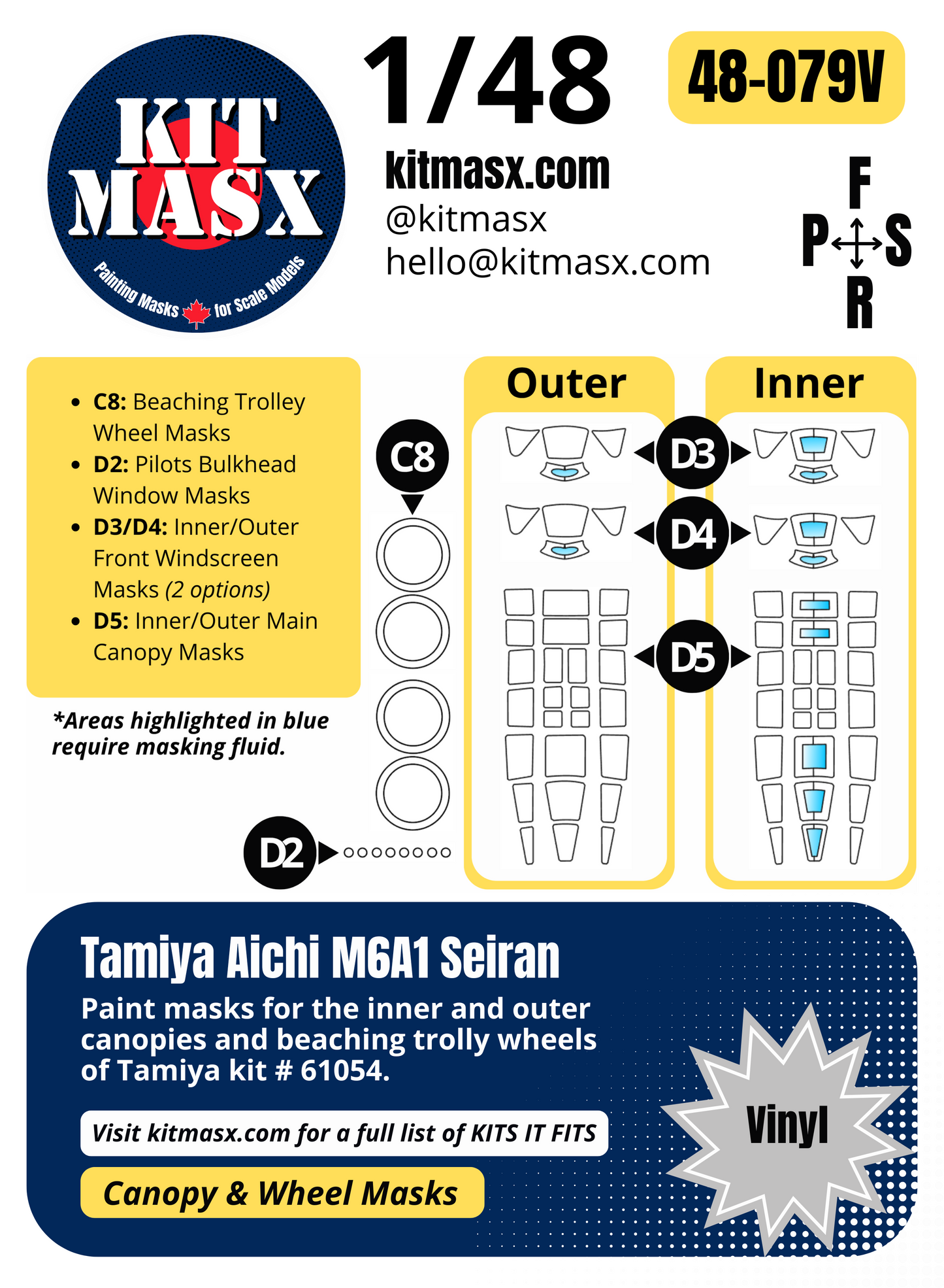Tamiya Aichi M6A1 Seiran 1/48 Canopy & Wheel Paint Masks, Kit # 61054
