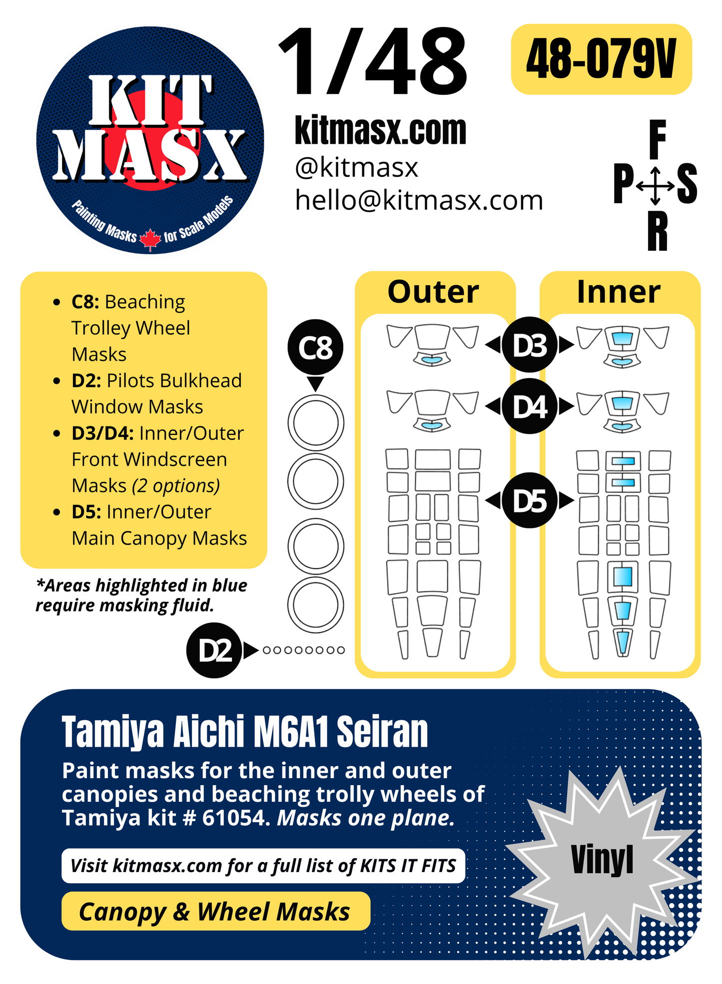 Tamiya Aichi M6A1 Seiran 1/48 Canopy & Wheel Paint Masks, Kit # 61054