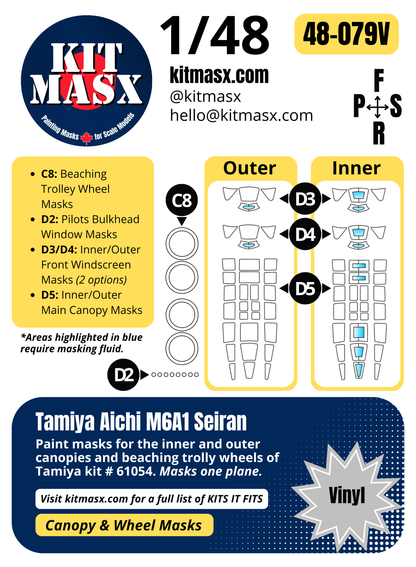Tamiya Aichi M6A1 Seiran 1/48 Canopy & Wheel Paint Masks, Kit # 61054