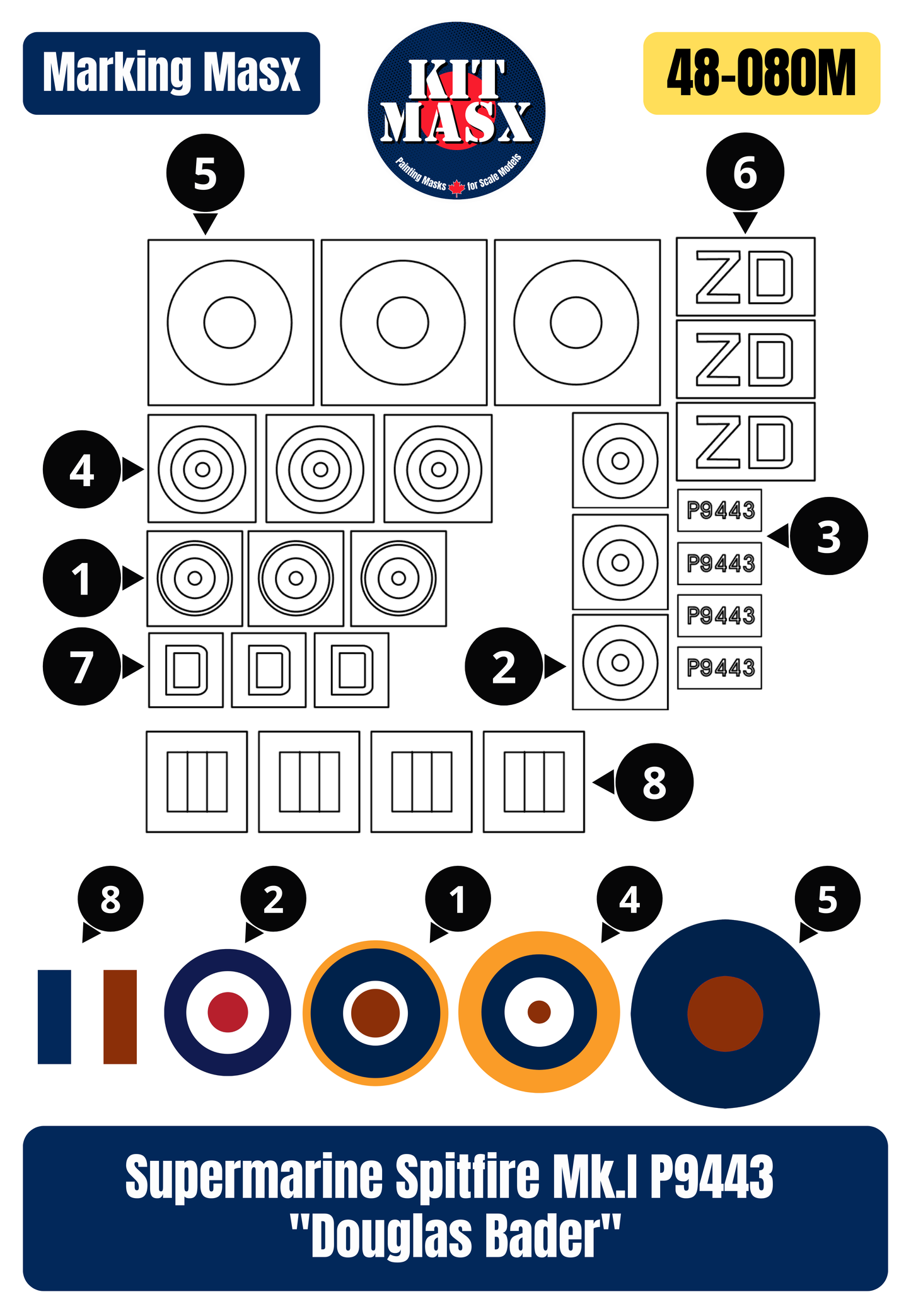Supermarine Spitfire Mk.I S/N P9443 "Douglas Bader" 1/48 Main Marking Paint Masks