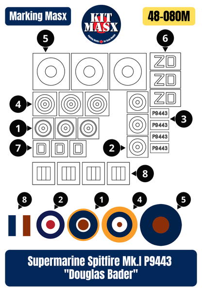 Supermarine Spitfire Mk.I S/N P9443 "Douglas Bader" 1/48 Main Marking Paint Masks