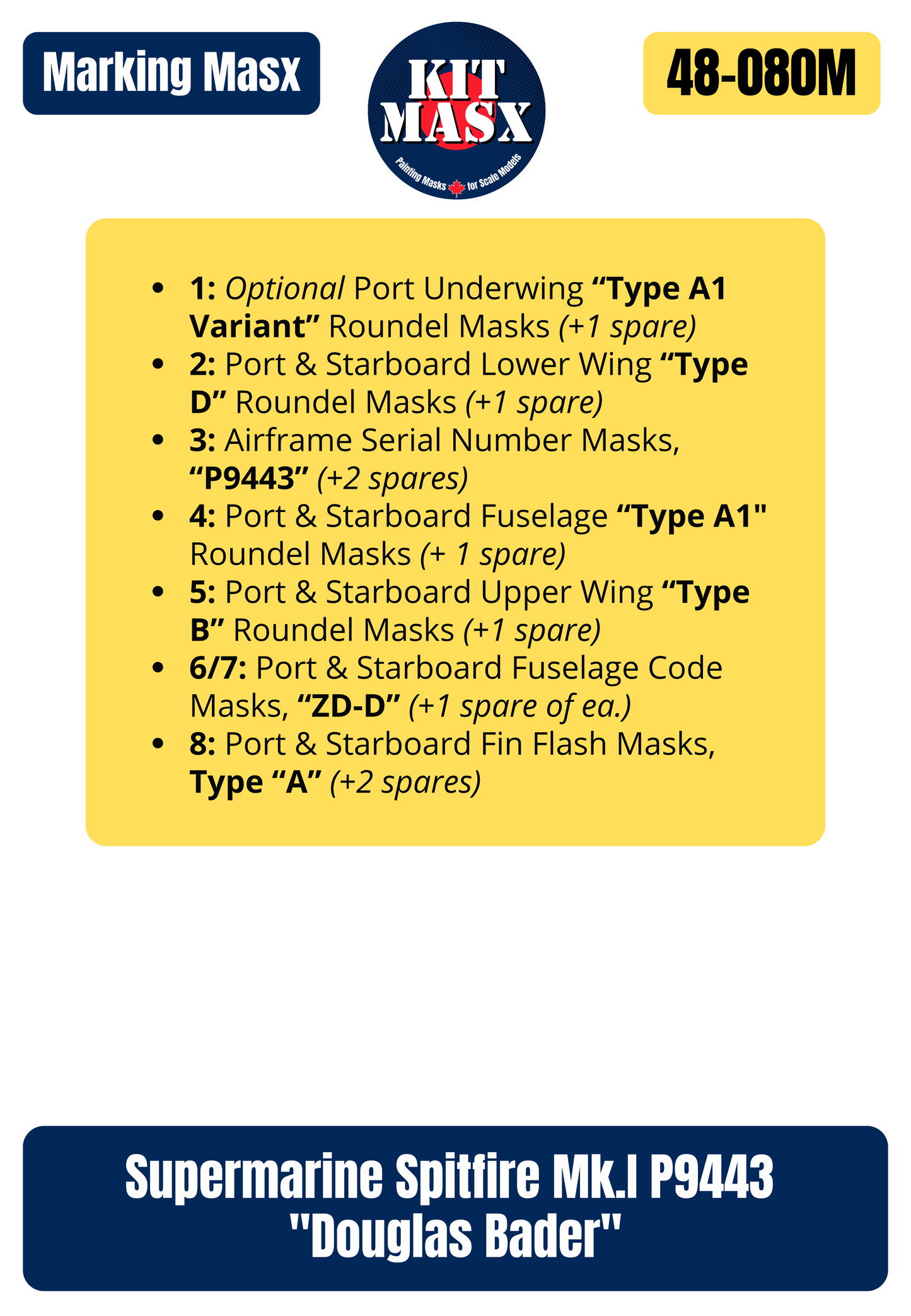 Supermarine Spitfire Mk.I S/N P9443 "Douglas Bader" 1/48 Main Marking Paint Masks