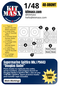 Supermarine Spitfire Mk.I P9443 "Douglas Bader" 1/48 Main Marking Paint Masks