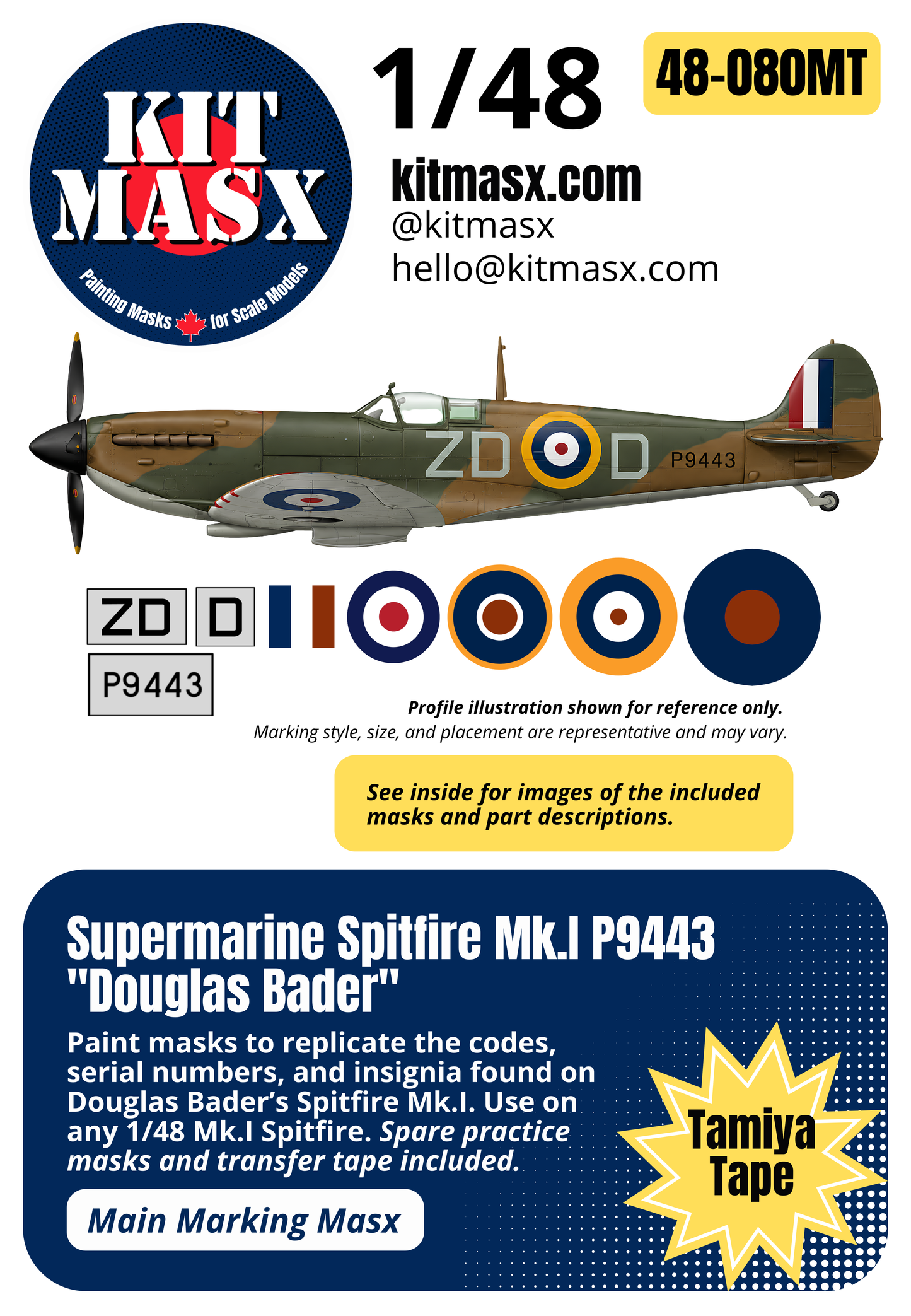 Supermarine Spitfire Mk.I S/N P9443 "Douglas Bader" 1/48 Main Marking Paint Masks