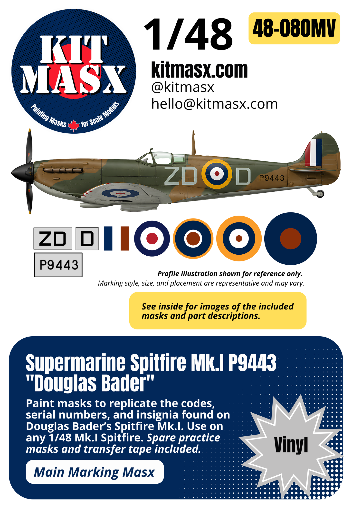 Supermarine Spitfire Mk.I S/N P9443 "Douglas Bader" 1/48 Main Marking Paint Masks