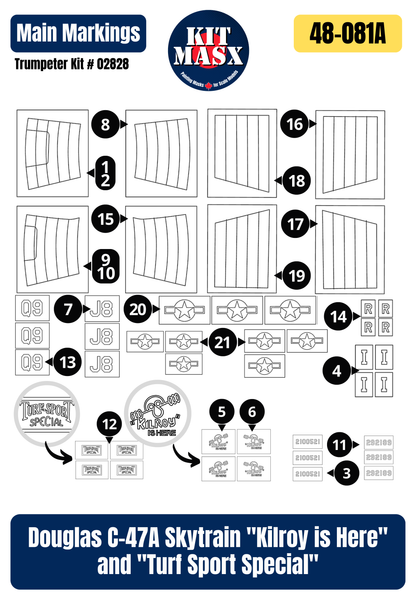 Trumpeter Douglas C-47A Skytrain "Kilroy is Here" and "Turf Sport Special" 1/48 All-in-One Master Mask Set, Kit # 02828