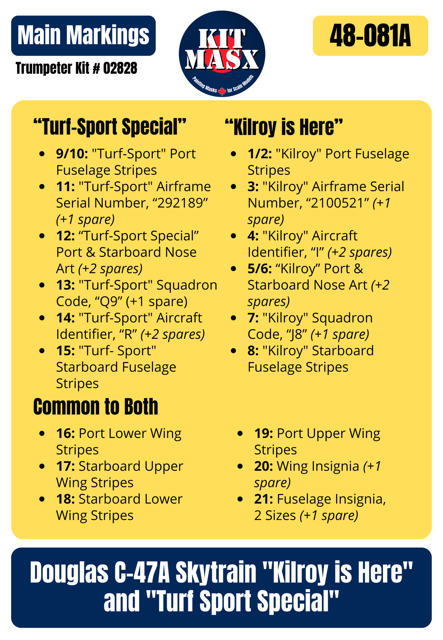 Trumpeter Douglas C-47A Skytrain "Kilroy is Here" and "Turf Sport Special" 1/48 All-in-One Master Mask Set, Kit # 02828