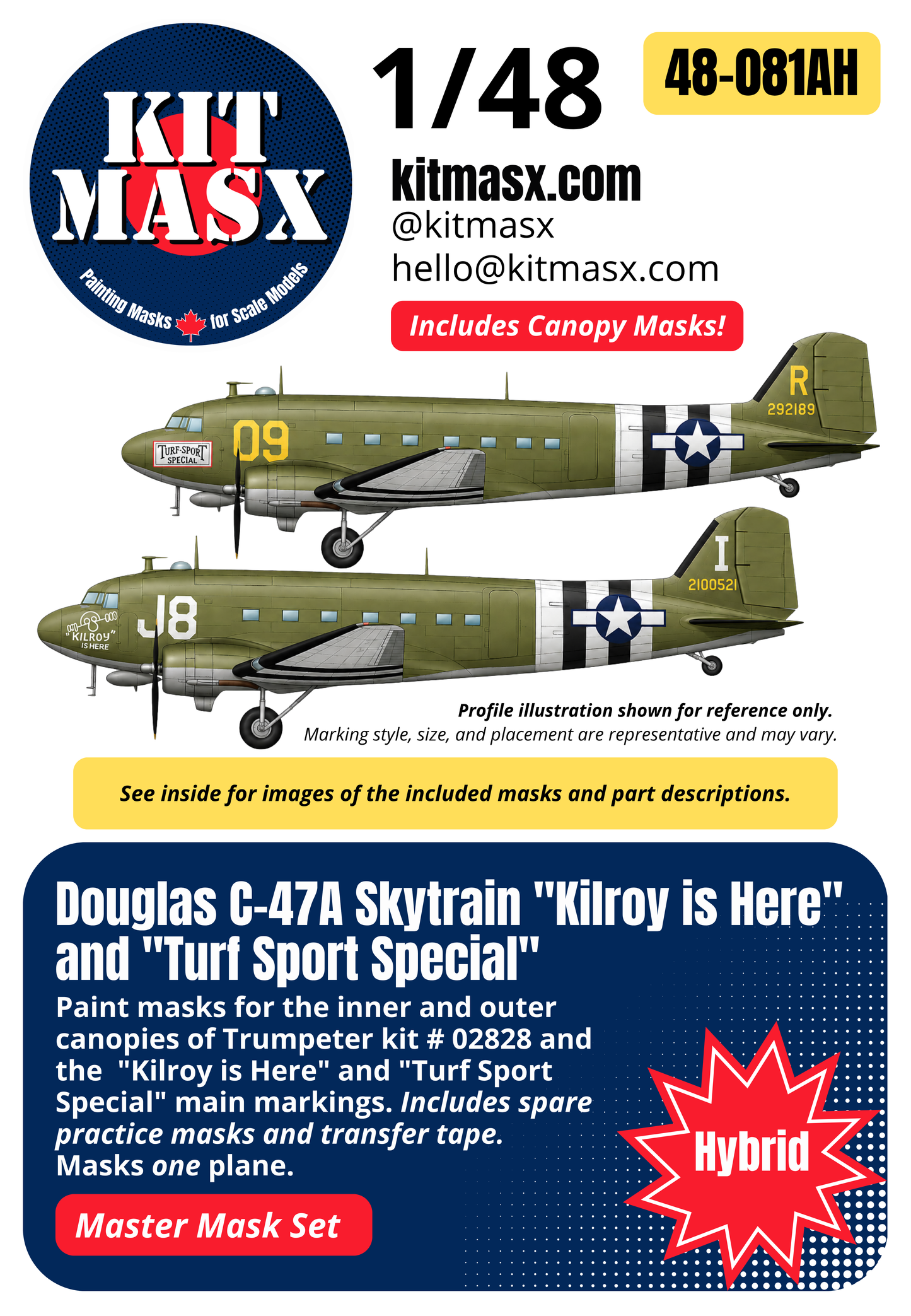 Trumpeter Douglas C-47A Skytrain "Kilroy is Here" and "Turf Sport Special" 1/48 All-in-One Master Mask Set, Kit # 02828