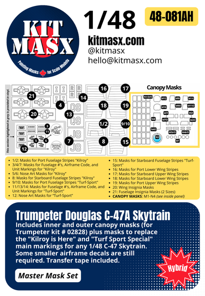 Trumpeter Douglas C-47A Skytrain 1/48 Canopy Masks & Main Markings for "Kilroy is Here" and "Turf Sport Special"