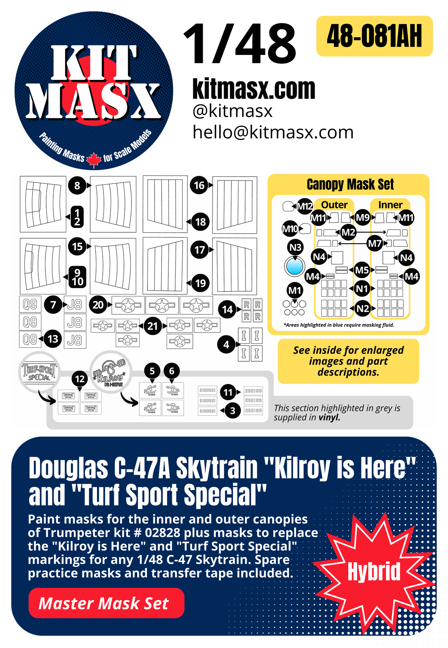 Trumpeter Douglas C-47A Skytrain "Kilroy is Here" and "Turf Sport Special" 1/48 All-in-One Master Mask Set, Kit # 02828