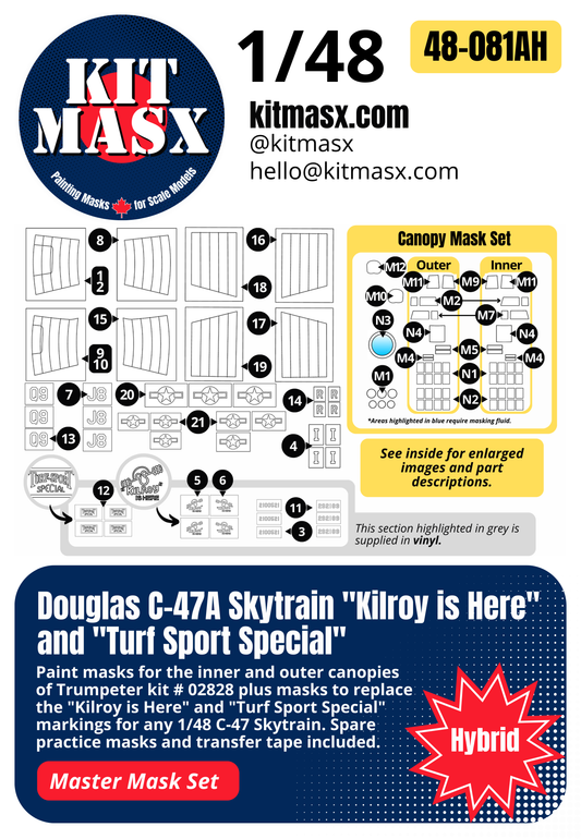 Trumpeter Douglas C-47A Skytrain "Kilroy is Here" and "Turf Sport Special" 1/48 All-in-One Master Mask Set, Kit # 02828