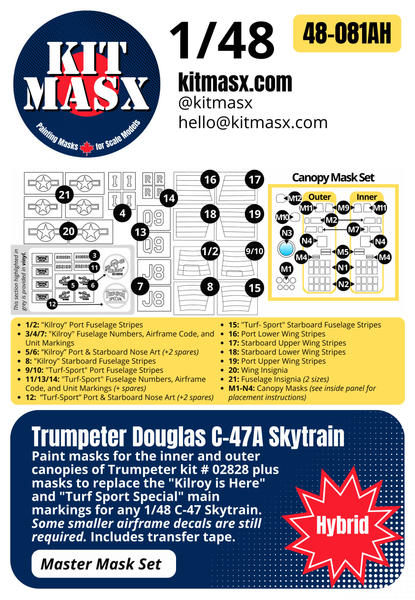 Trumpeter Douglas C-47A Skytrain 1/48 Canopy Paint Masks & Main Markings for "Kilroy is Here" and "Turf Sport Special"