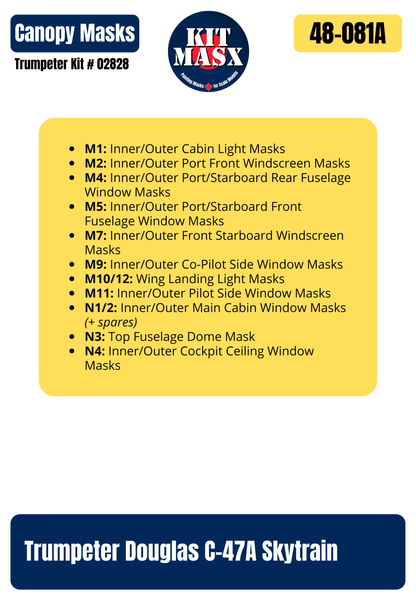 Trumpeter Douglas C-47A Skytrain "Kilroy is Here" and "Turf Sport Special" 1/48 All-in-One Master Mask Set, Kit # 02828