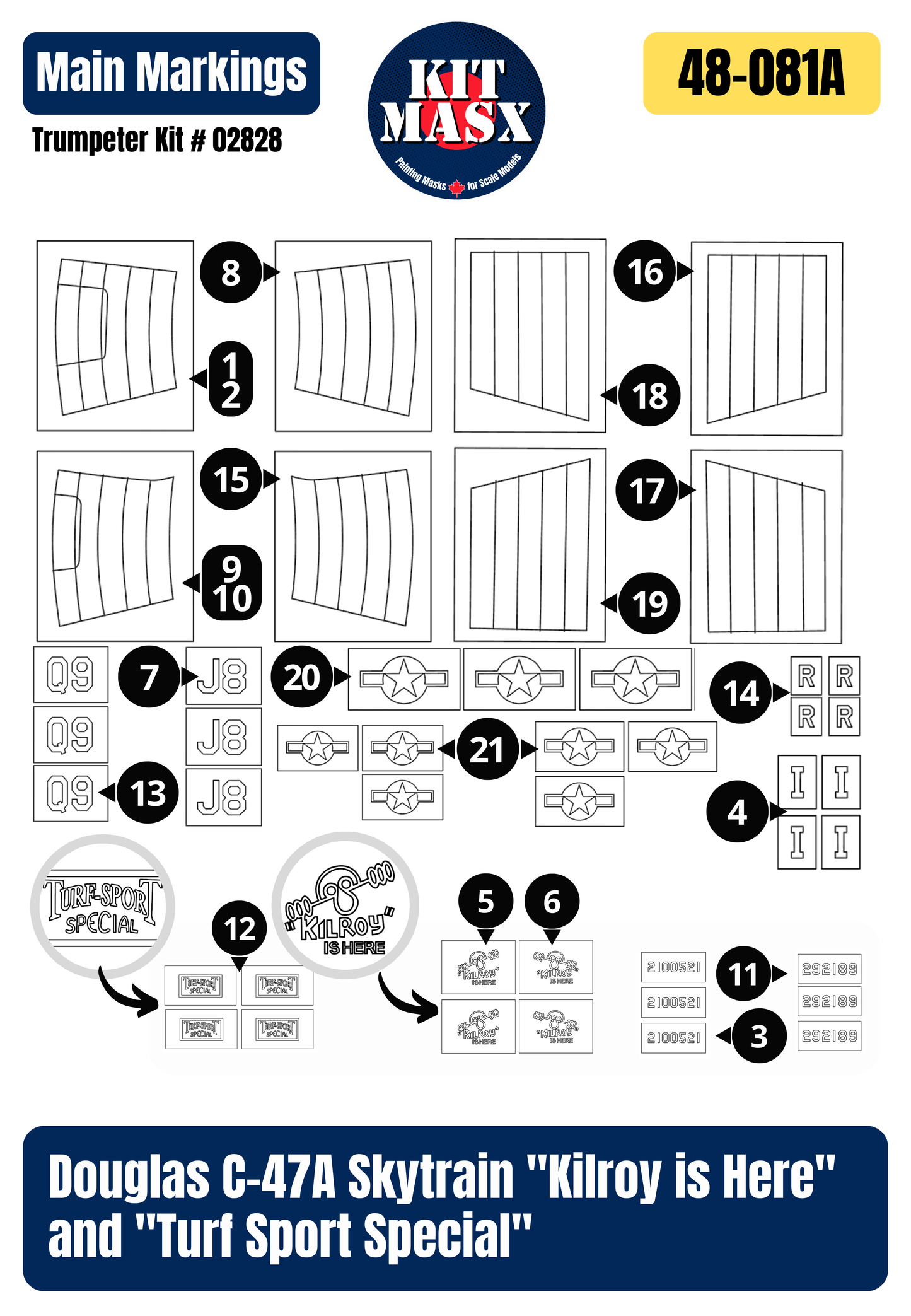 Trumpeter Douglas C-47A Skytrain "Kilroy is Here" and "Turf Sport Special" 1/48 All-in-One Master Mask Set, Kit # 02828