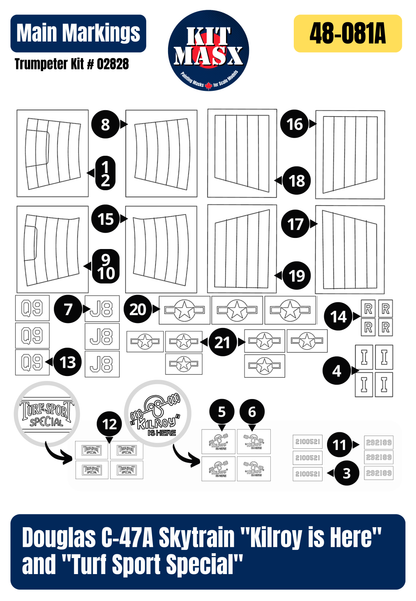 Trumpeter Douglas C-47A Skytrain "Kilroy is Here" and "Turf Sport Special" 1/48 All-in-One Master Mask Set, Kit # 02828