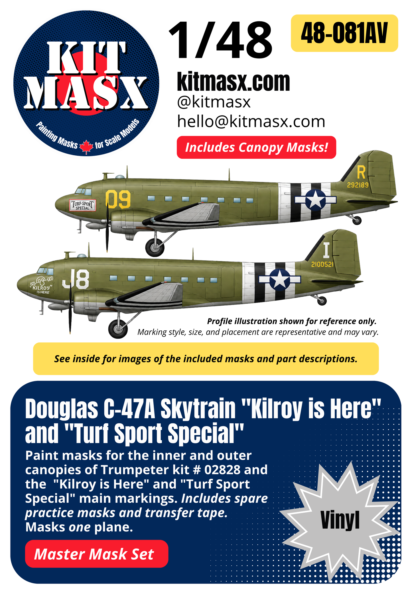 Trumpeter Douglas C-47A Skytrain "Kilroy is Here" and "Turf Sport Special" 1/48 All-in-One Master Mask Set, Kit # 02828