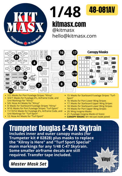 Trumpeter Douglas C-47A Skytrain 1/48 Canopy Masks & Main Markings for "Kilroy is Here" and "Turf Sport Special"