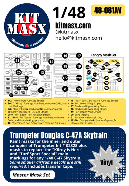 Trumpeter Douglas C-47A Skytrain 1/48 Canopy Paint Masks & Main Markings for "Kilroy is Here" and "Turf Sport Special"