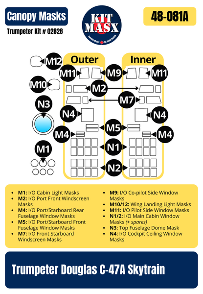Trumpeter Douglas C-47A Skytrain 1/48 Canopy Paint Masks & Main Markings for "Kilroy is Here" and "Turf Sport Special"