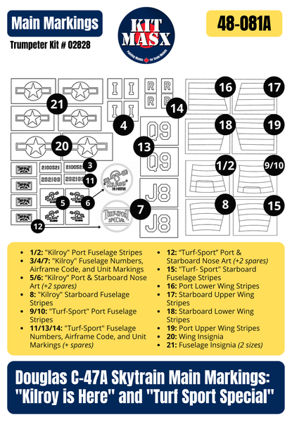 Trumpeter Douglas C-47A Skytrain 1/48 Canopy Paint Masks & Main Markings for "Kilroy is Here" and "Turf Sport Special"