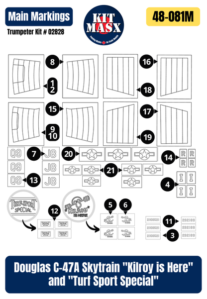 Douglas C-47A Skytrain "Kilroy is Here" and "Turf Sport Special" 1/48 Main Marking Paint Masks, Kit # 02828