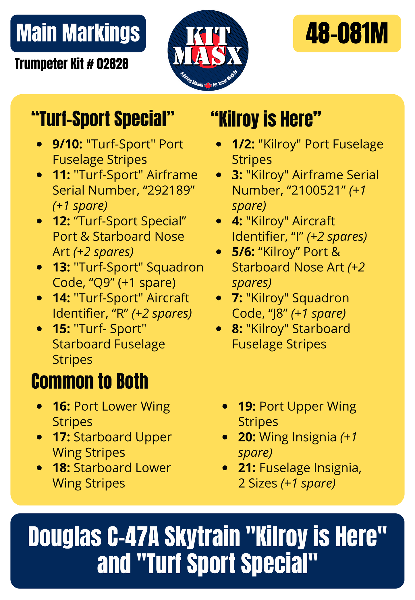 Douglas C-47A Skytrain "Kilroy is Here" and "Turf Sport Special" 1/48 Main Marking Paint Masks, Kit # 02828