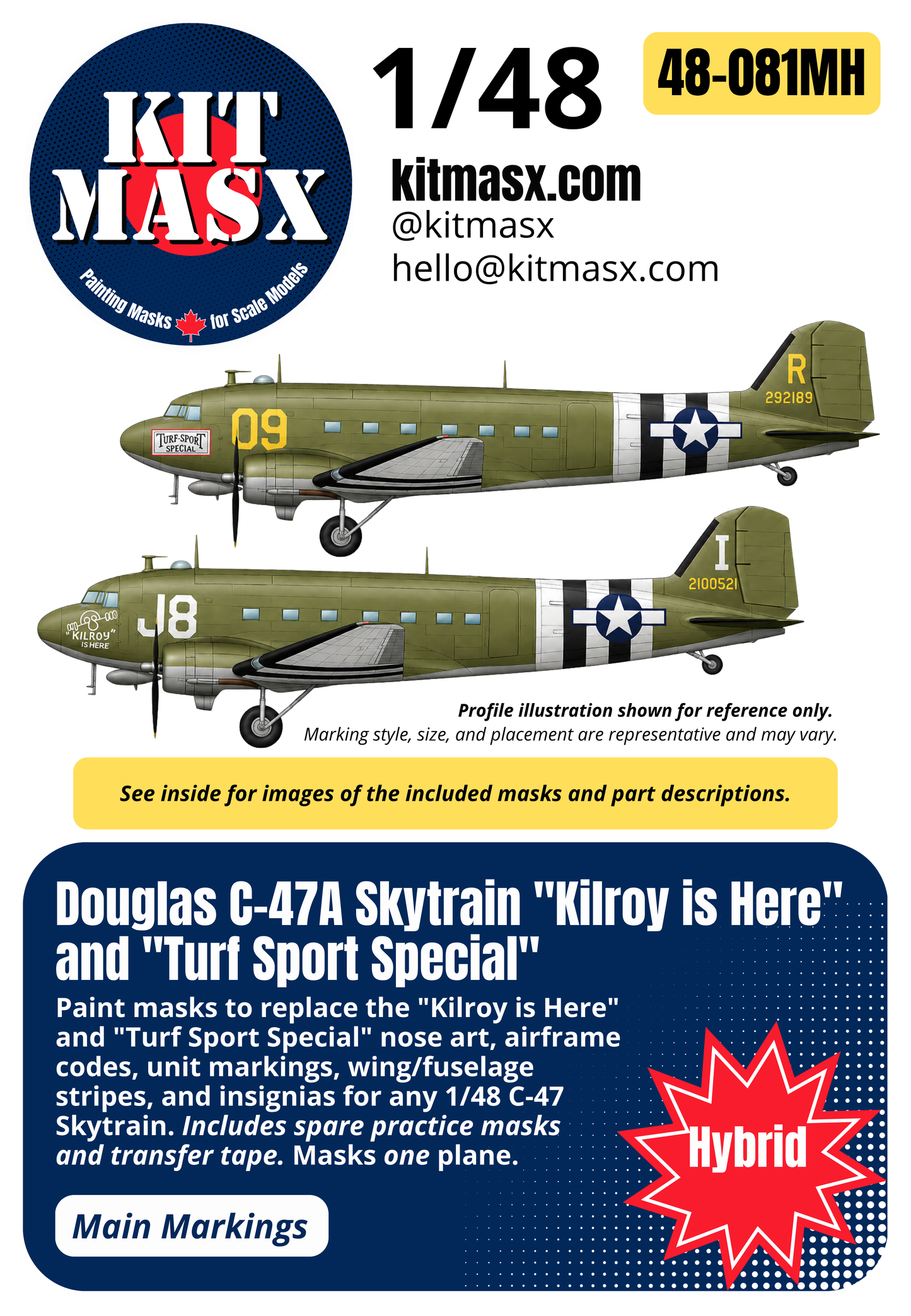 Douglas C-47A Skytrain "Kilroy is Here" and "Turf Sport Special" 1/48 Main Marking Paint Masks, Kit # 02828