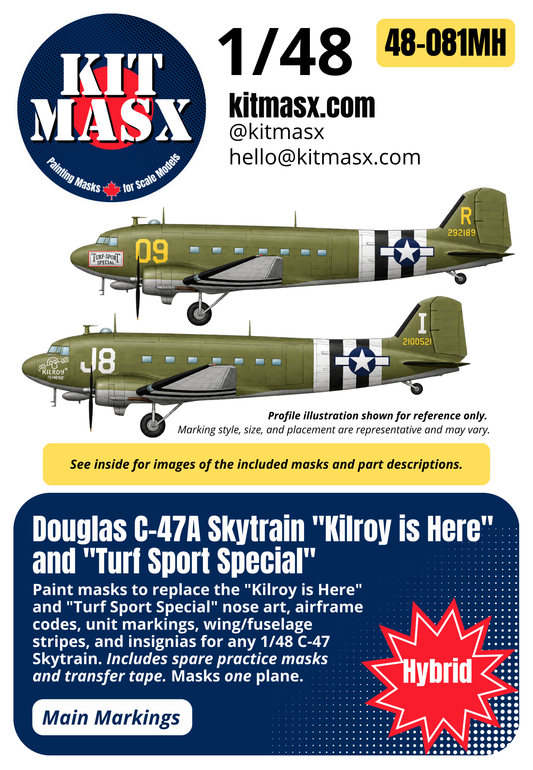 Douglas C-47A Skytrain "Kilroy is Here" and "Turf Sport Special" 1/48 Main Marking Paint Masks, Kit # 02828