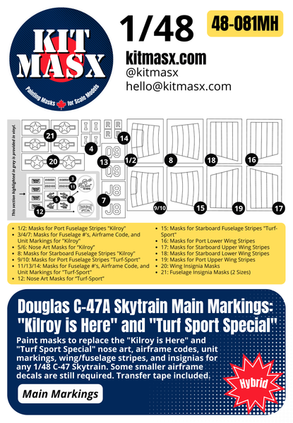 Trumpeter Douglas C-47A Skytrain 1/48 Canopy Masks & Main Markings for "Kilroy is Here" and "Turf Sport Special"