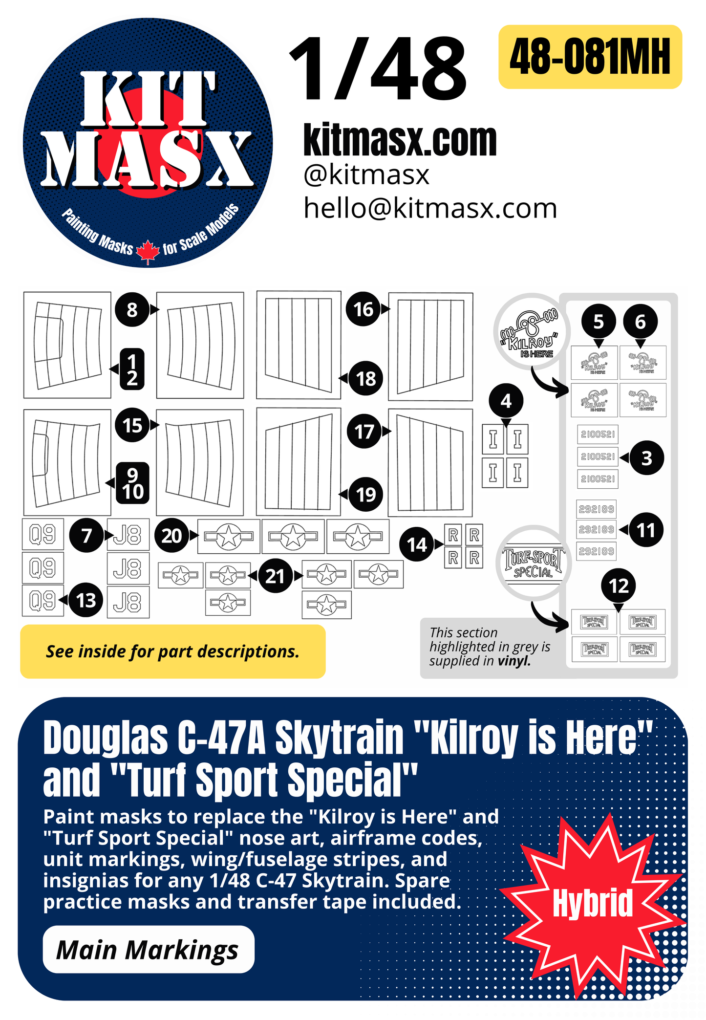 Douglas C-47A Skytrain "Kilroy is Here" and "Turf Sport Special" 1/48 Main Marking Paint Masks, Kit # 02828