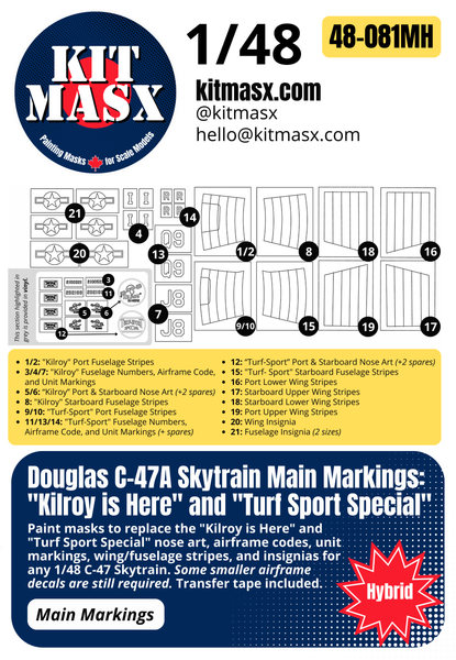 Trumpeter Douglas C-47A Skytrain 1/48 Canopy Paint Masks & Main Markings for "Kilroy is Here" and "Turf Sport Special"