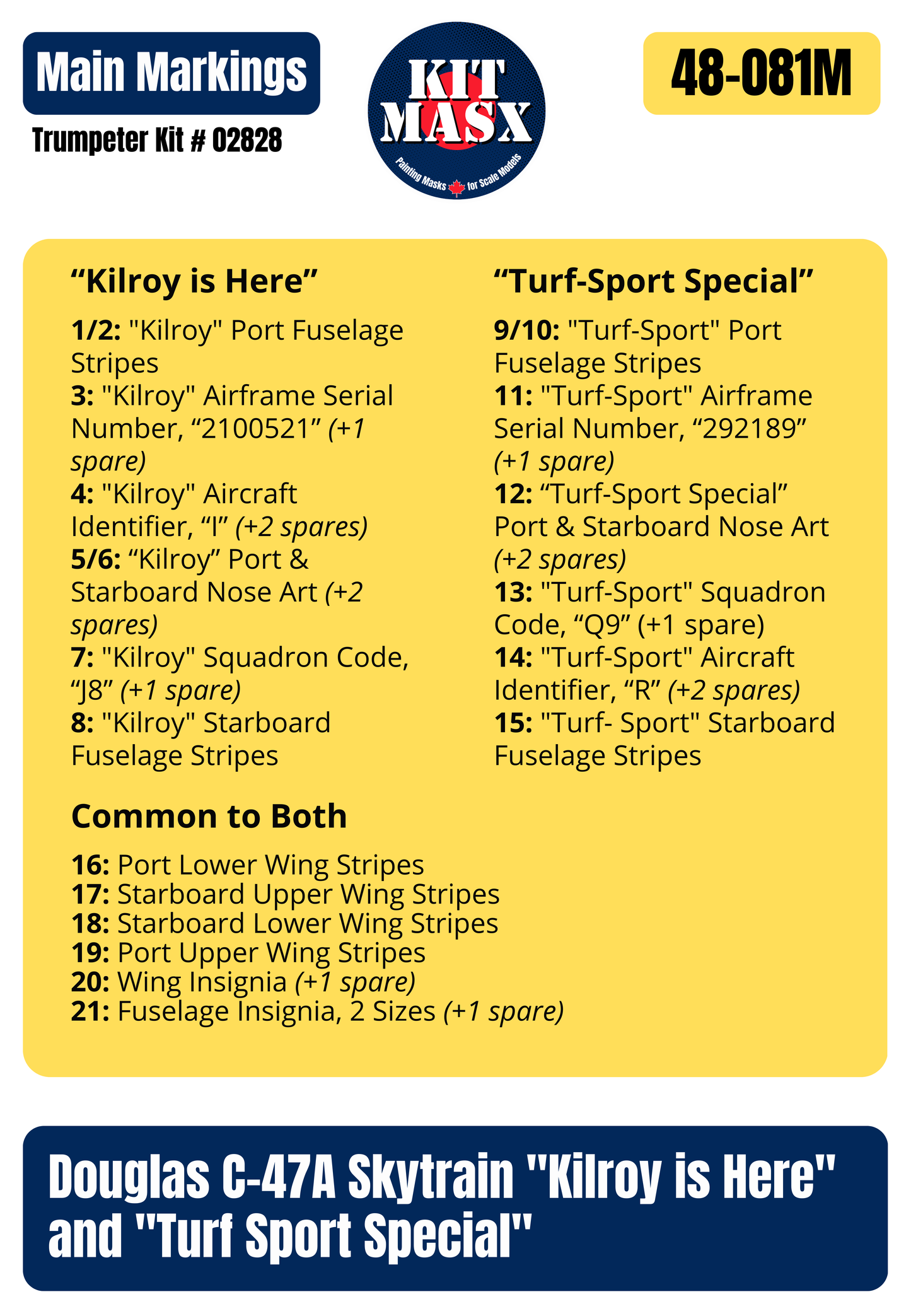 Douglas C-47A Skytrain "Kilroy is Here" and "Turf Sport Special" 1/48 Main Marking Paint Masks, Kit # 02828