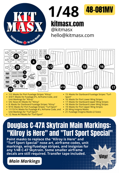 Trumpeter Douglas C-47A Skytrain 1/48 Canopy Masks & Main Markings for "Kilroy is Here" and "Turf Sport Special"