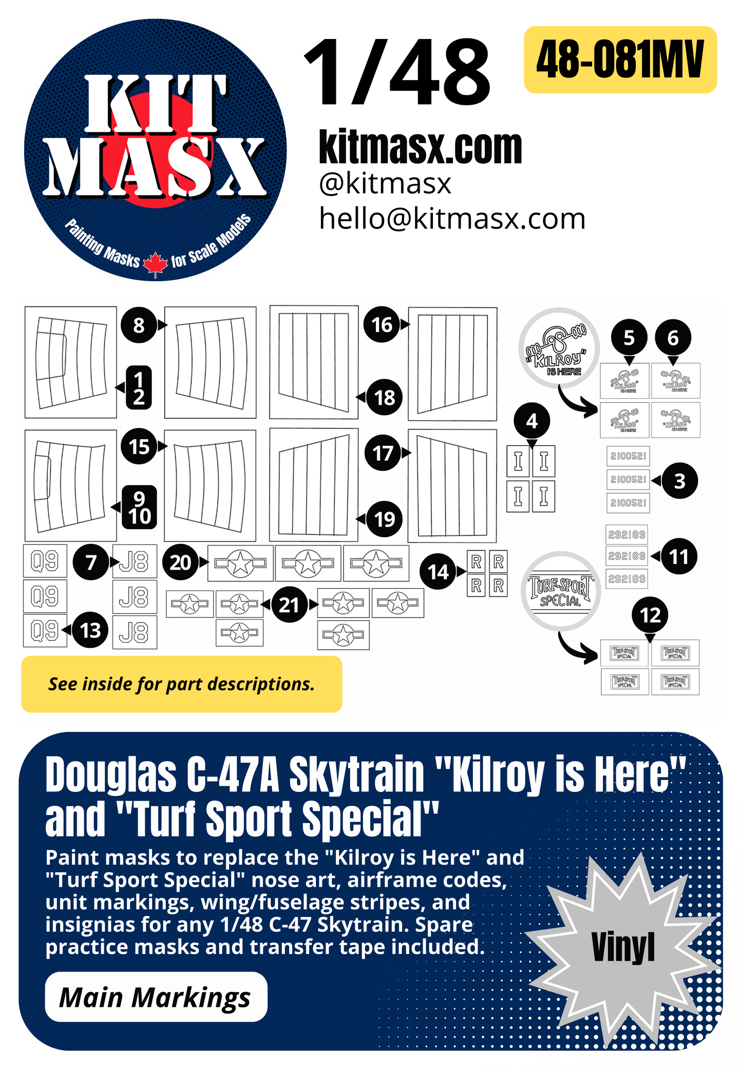 Douglas C-47A Skytrain "Kilroy is Here" and "Turf Sport Special" 1/48 Main Marking Paint Masks, Kit # 02828