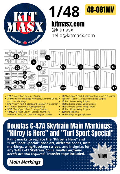 Trumpeter Douglas C-47A Skytrain 1/48 Canopy Paint Masks & Main Markings for "Kilroy is Here" and "Turf Sport Special"