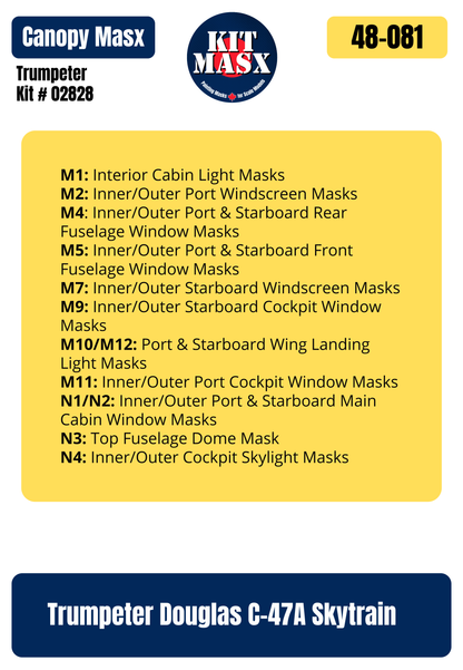 Trumpeter Douglas C-47A Skytrain 1/48 Canopy Paint Masks, Kit # 02828