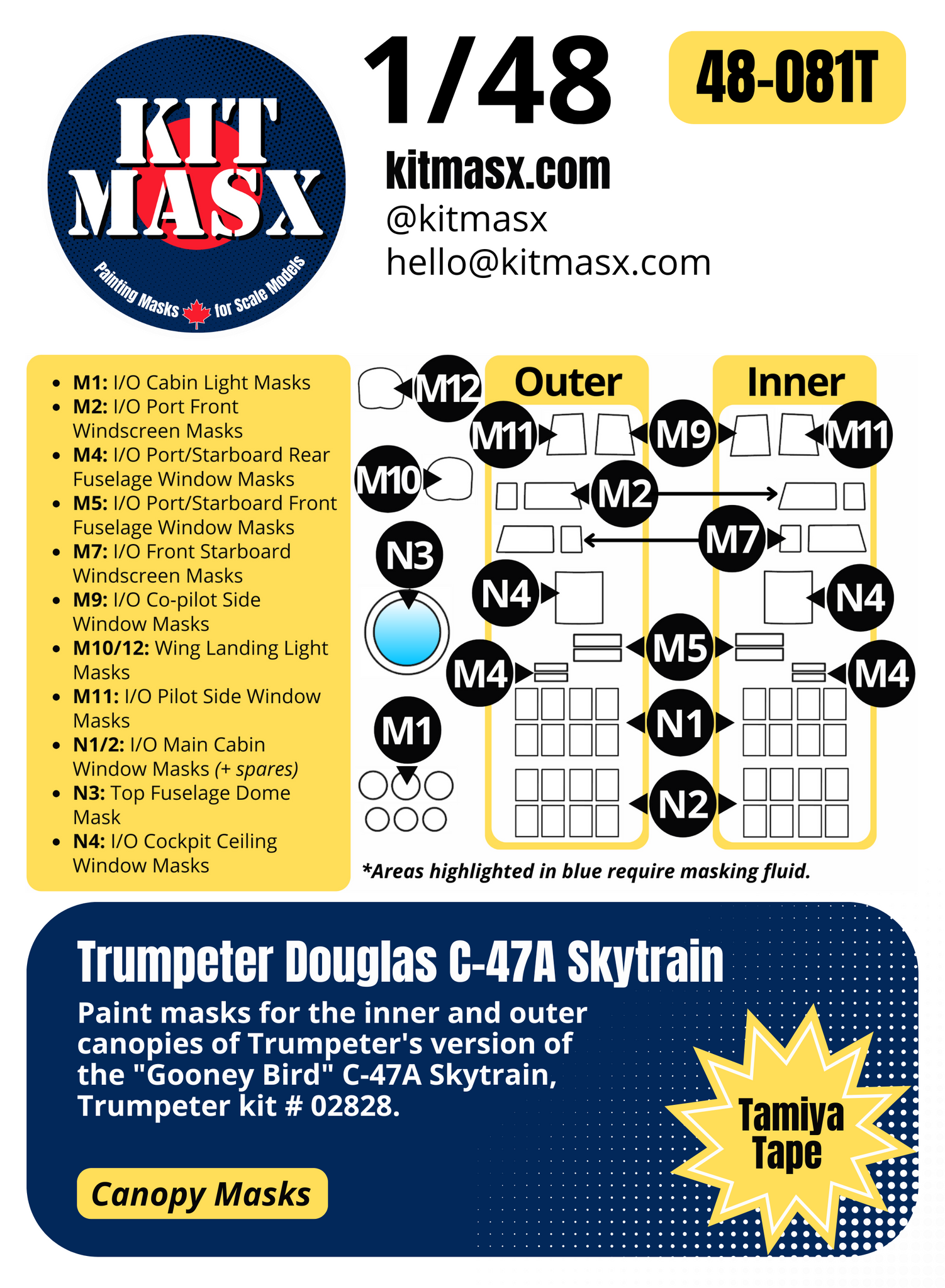 Trumpeter Douglas C-47A Skytrain 1/48 Canopy Paint Masks & Main Markings for "Kilroy is Here" and "Turf Sport Special"