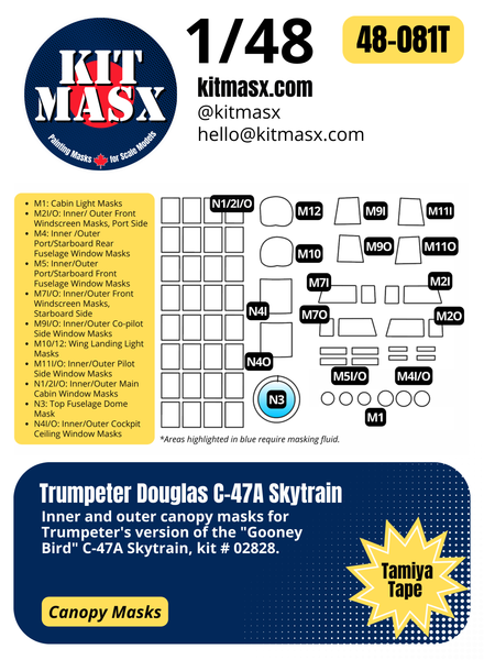 Trumpeter Douglas C-47A Skytrain 1/48 Canopy Masks & Main Markings for "Kilroy is Here" and "Turf Sport Special"