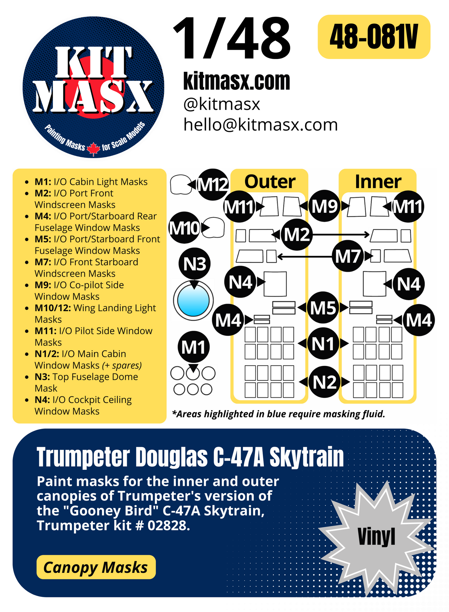 Trumpeter Douglas C-47A Skytrain 1/48 Canopy Paint Masks, Kit # 02828