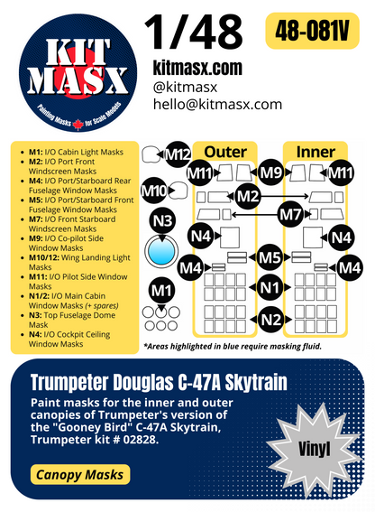 Trumpeter Douglas C-47A Skytrain 1/48 Canopy Paint Masks, Kit # 02828