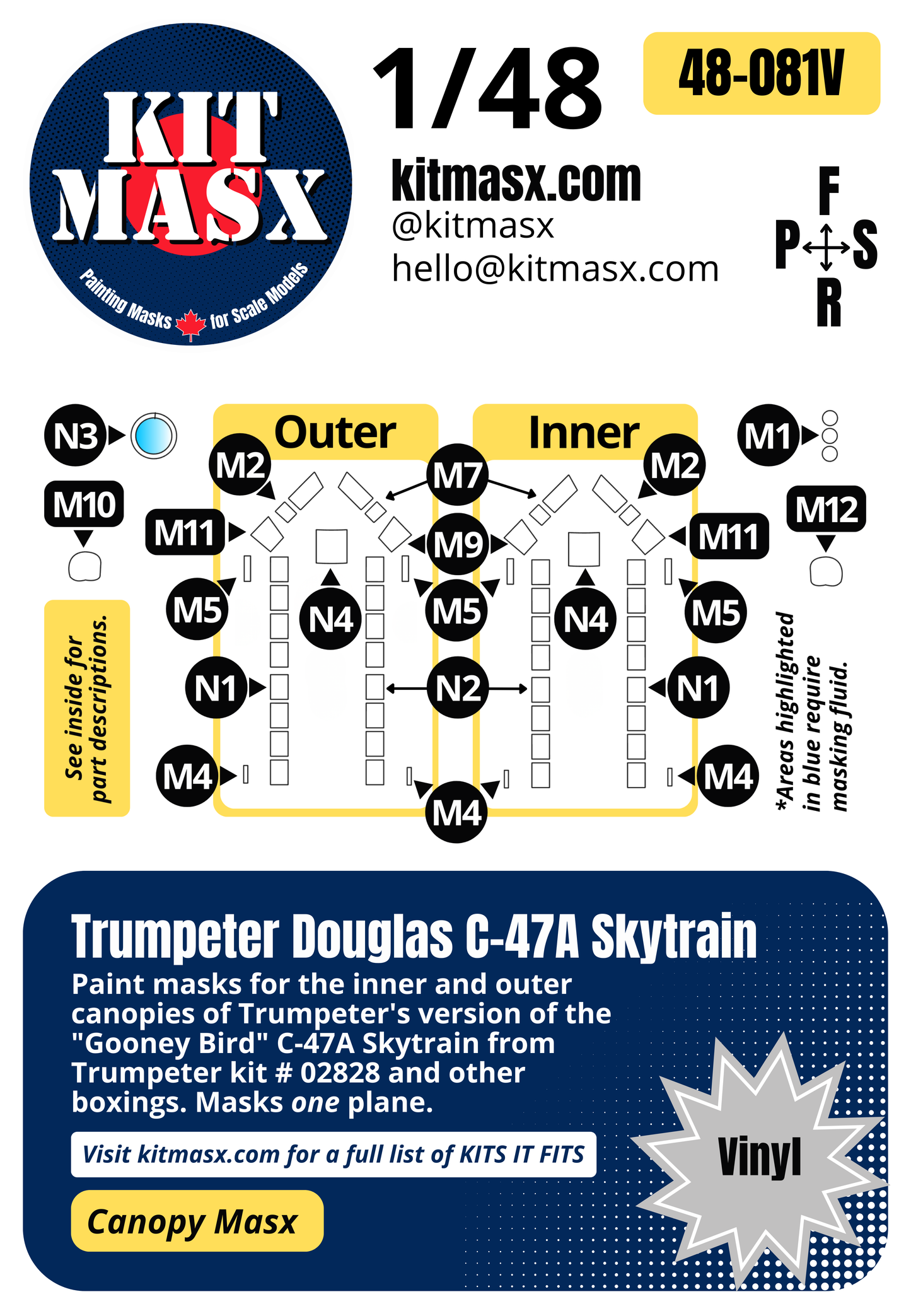 Trumpeter Douglas C-47A Skytrain 1/48 Canopy Paint Masks, Kit # 02828