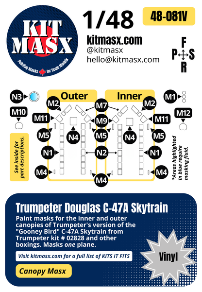 Trumpeter Douglas C-47A Skytrain 1/48 Canopy Paint Masks, Kit # 02828