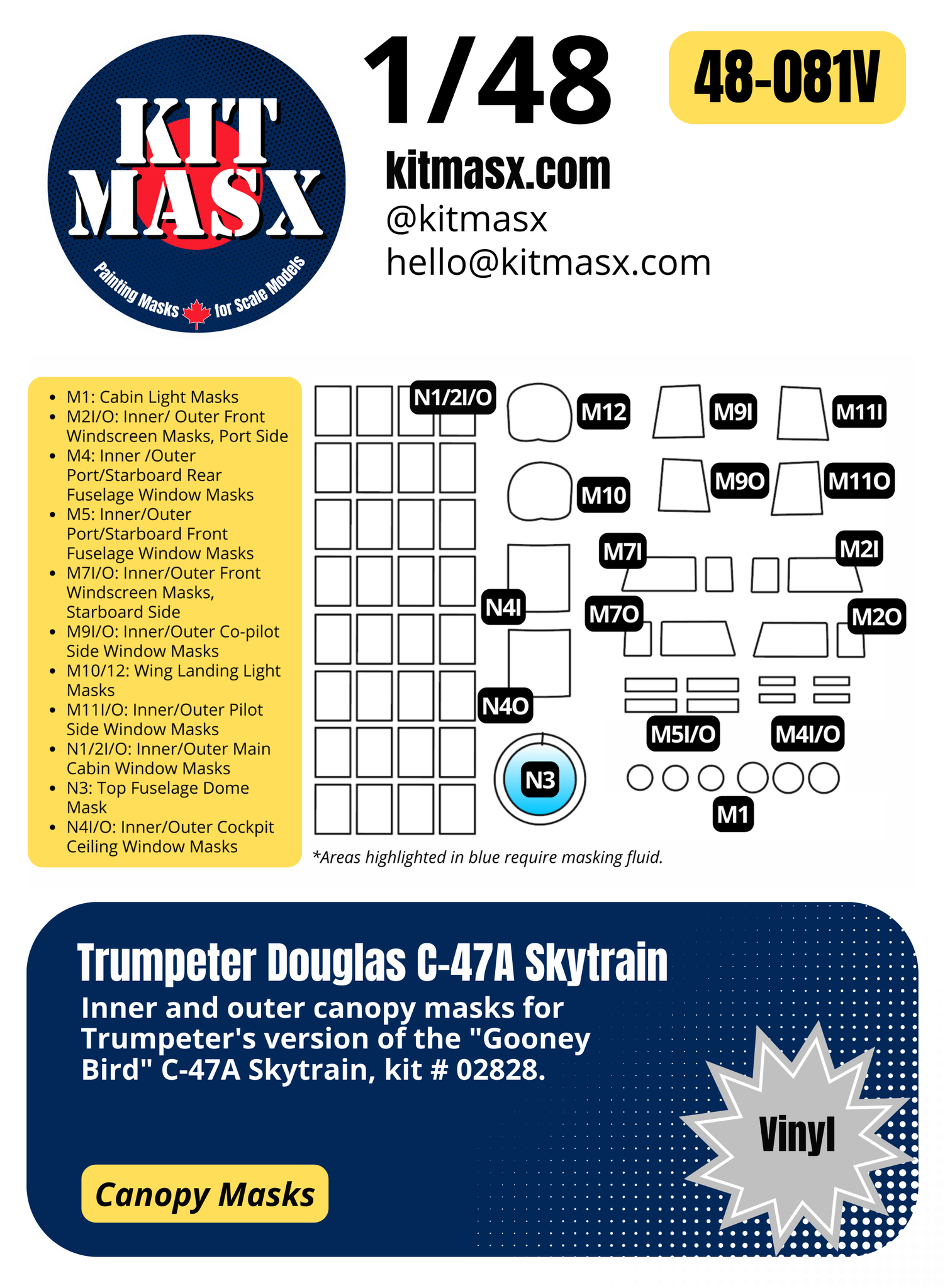 Trumpeter Douglas C-47A Skytrain 1/48 Canopy Masks & Main Markings for "Kilroy is Here" and "Turf Sport Special"