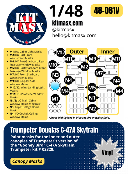 Trumpeter Douglas C-47A Skytrain 1/48 Canopy Paint Masks & Main Markings for "Kilroy is Here" and "Turf Sport Special"